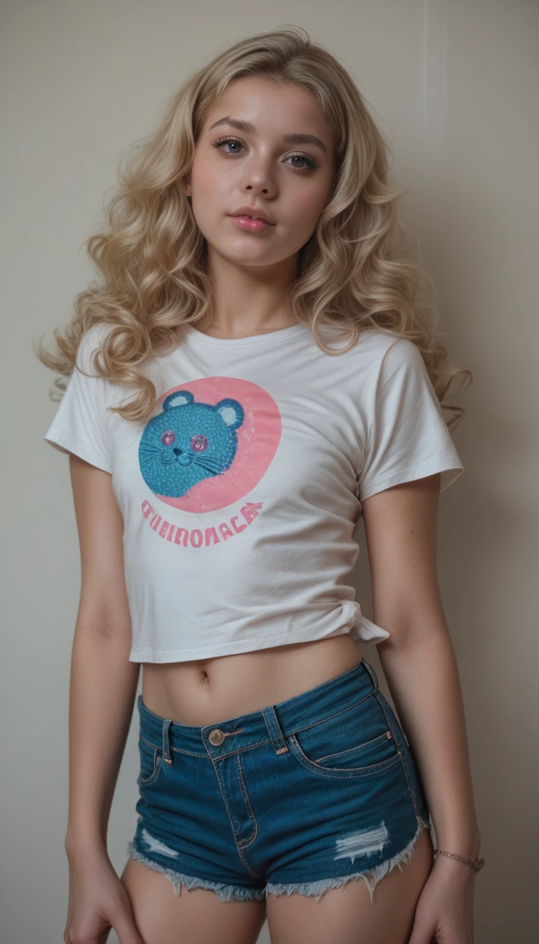 photo of gorgeous white woman, tshirt, wearing jean shorts, standing in bedroom, different expression, different faces, different hairstyles, blond hair, best quality,4k,8k,ultra hires,realistic,photo realistic,RAW photo,hdr,sharp focus,skin imperfections,masterpiece,hard light,athmospheric,conjoined_dicephalus,(two heads:1.5)