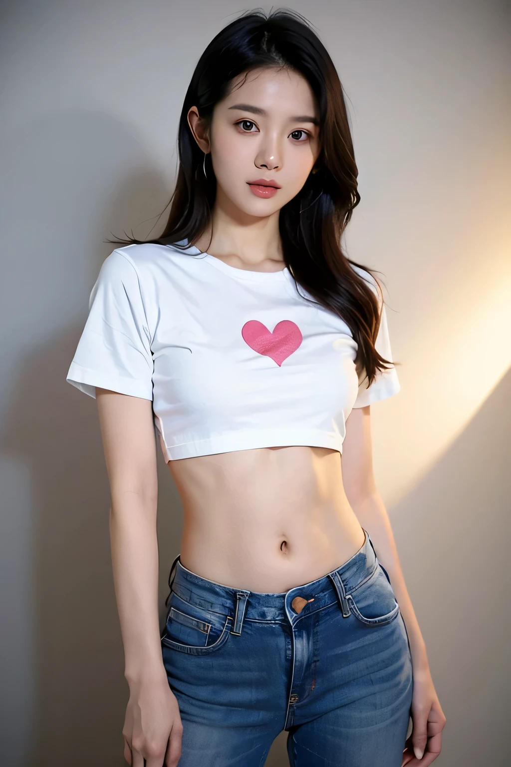 Very cute face、smile、12 years old、girl、Fluffy long hair、Beautiful legs、Beautiful body、Thin legs、White skin、Black T-shirt、Black mini skirt、White panties、