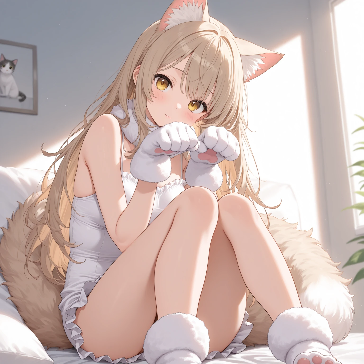 Blonde girl sitting on the floor with legs crossed, nekomimi, white cat girl, attractive cat girl, anime girl cosplay, anime catwoman, beautiful young catwoman, very pretty cute catwoman, anime cosplay, very beautiful anime cat girl, female furry mini cute style, white (cat) girl, cute anime cat girl, cat ears and tail, bare feet, detailed feet, detailed toes, delicate smooth skin, wet body, white rope knot mini bikini, sexy --auto --s2