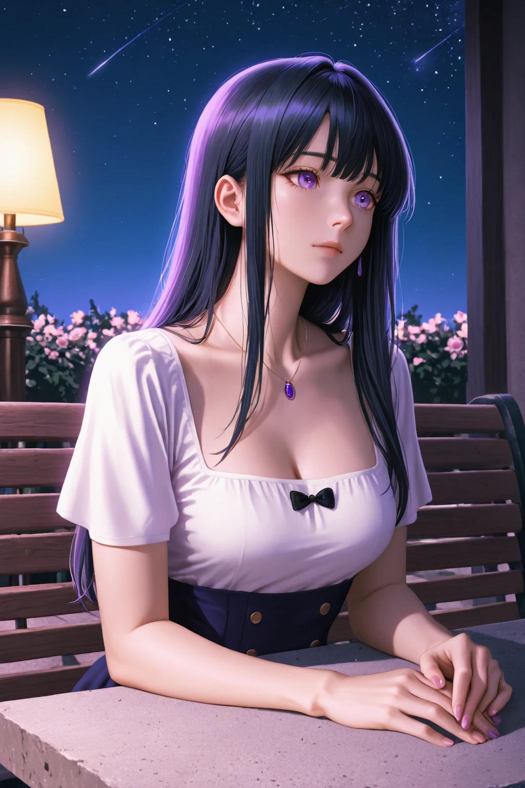 (A white short-sleeved dress with a round collar and small buttons in the front:1.5)、((night))、(White micro mini skirt:1.5)、(Black ribbon around neck)、(Leather Belt)、((Long straight purple hair that reaches down to the waist))、(Big red eyes)、(Closed front button)、、restaurant、Small Nose、Big Mouth、round face、Big Tits、anime、highest quality、High resolution、Thin and transparent nipples、1 person、Wooden chair、(Sitting with legs wide open)、(A small button is undone, exposing her cleavage.)、Moist eyes