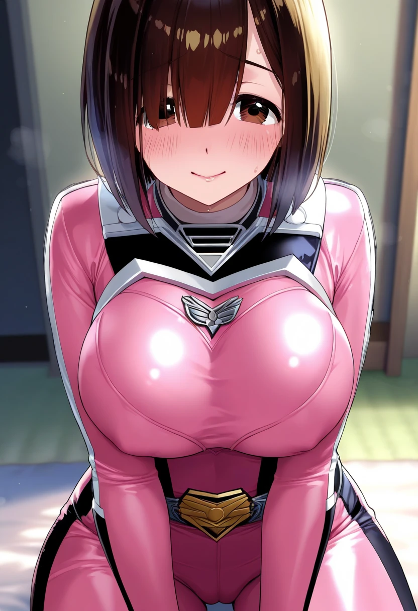 ((masterpiece)), ((Ultra quality)), ((super detailed)), ((high resolution)), ((8k)), a beautiful woman, ((She is one of the most famous actress in the world)), unparalleled beauty, ((large breast:1.6)), ((large ass:1.2)), ((deep cleavage:1.2)), slim waist, chest out, ultra detailed face, perfect skin, (((waist length hair, long light brown straight hair, hime cut))), ((light blue eyes)), ultra detailed eyes, whole body image, sexy, an inviting smile, sensual, (((anime))), ((glamorous)), sexual attraction ,((2)), ((incredibly beautiful woman)), ((The H cup bust)), ((neat and clean)) , (((Power Ranger))), heroine,  (((high leg cut latex leotard, white line on pink colored leotard power suit))), (((combat medic))),  ((beautiful breasts)), beautiful legs, 8 life size, anime:1.4, the most beautiful and strongest, ((charm)), ((Russian  beauty)), ((((gravure pose)))),