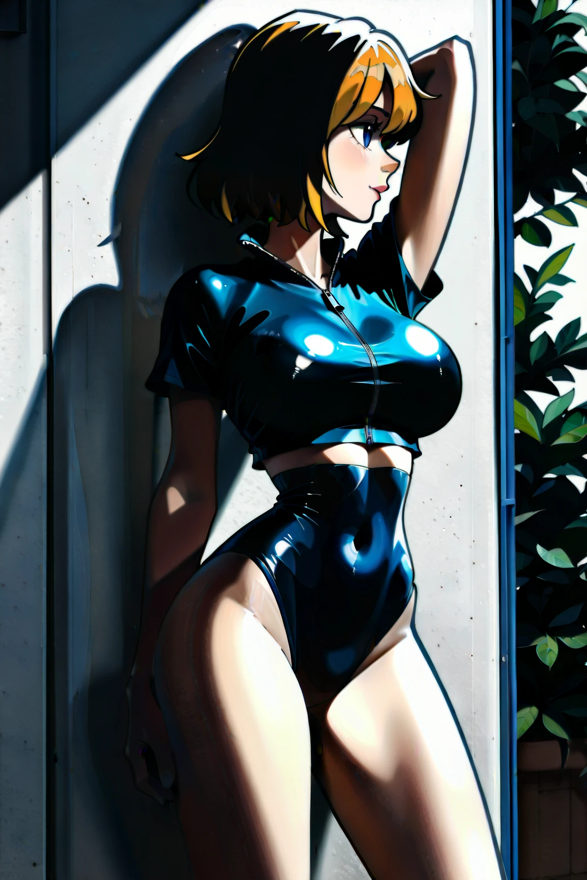 nsfw:1.2,Watanabe Yo, Tight swimsuit, Photo pose,(smile:0.7), Medium chest, From behind, Wedge Shape,Bare back, A little bigger ass