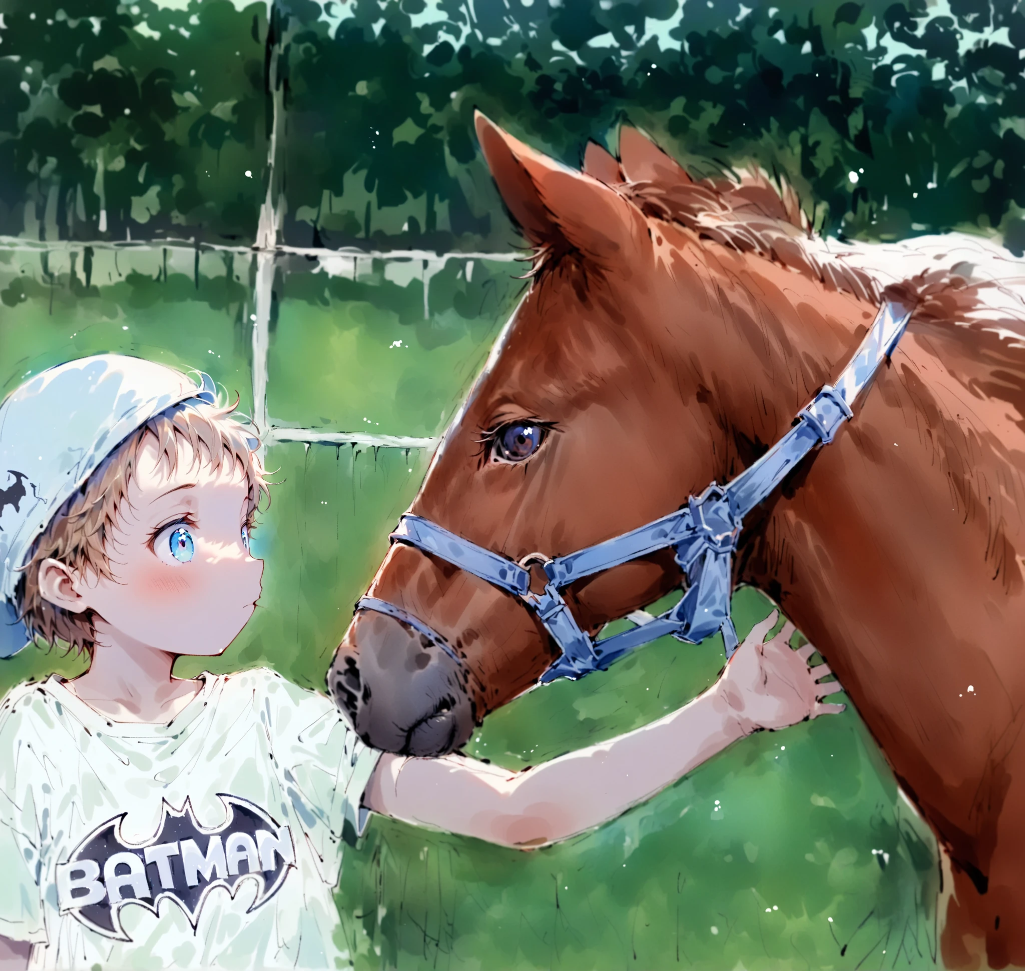 A heartwarming rural moment unfolds as a young boy, wearing a pastel green T-shirt emblazoned with a playful Batman logo and a backwards light blue cap adorned with cartoonish eyes, gently reaches out to caress the muzzle of a chestnut foal. The foal, fitted with a snug sky-blue halter, gazes curiously at the boy, its ears perked forward and soft mane rustling slightly in the breeze. They stand in a verdant, fenced pasture framed by lush green trees, the atmosphere rich with a sense of innocence, curiosity, and the unspoken bond between human and animal. The lighting is natural, casting a soft, even glow that enhances the vibrant colors and textures of the scene."