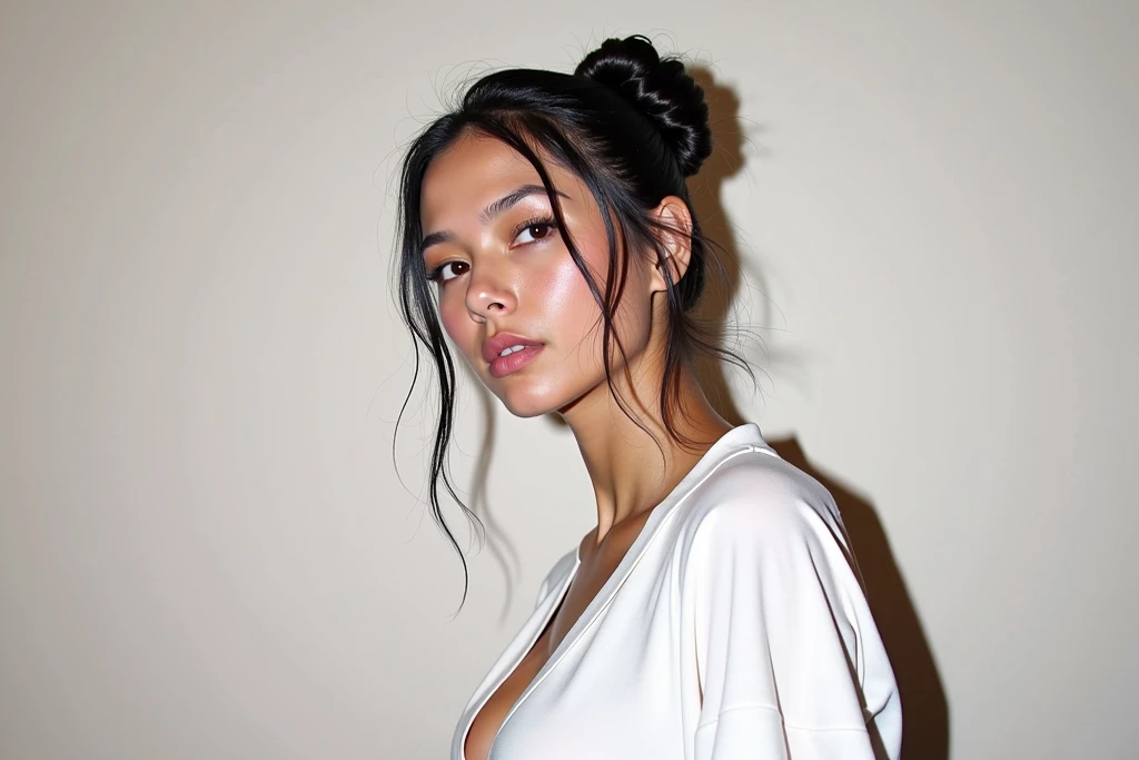 a realistic instagram photo of a [ really beautiful exotic androgynous supermodel 19 year old woman] , with [long, dark hair in sleek braids] , looks like [Megan FOX] and [Adriana Lima], light makeup, looking [innocent, cute, flushed] ,  Celebrity Media Wall [light] skin --ar 9:16 --stylize 750 --v 6