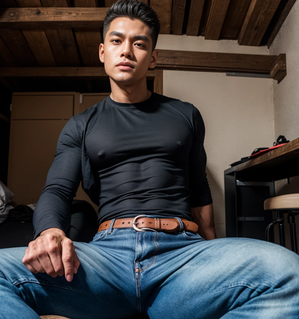 40 years old,Hidetoshi Nakata,(Kogoro Mori 1.3),whole body,Lean,muscle,office,grey socks,Feet raised,sofa,Baldhead ,transparent,Thick body hair,underwear,Topless,Densely hairy,Fortitude,HD,With a mustache