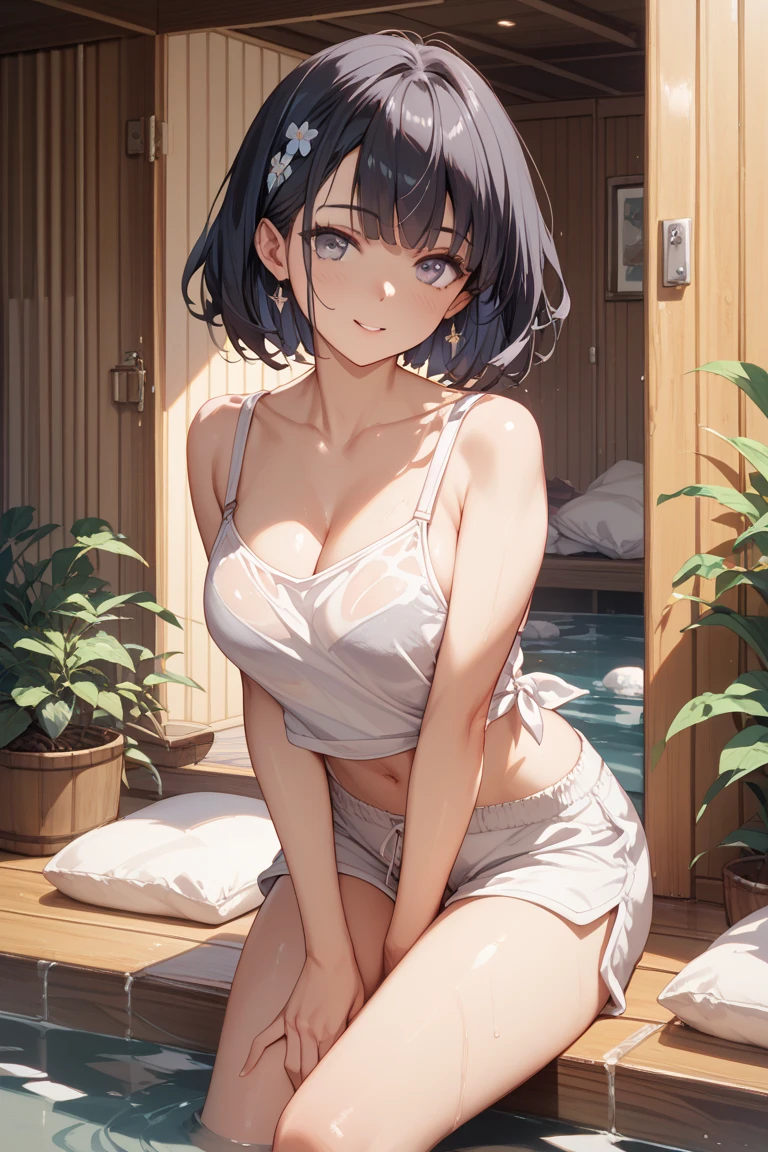((best qualtiy, 8K, tmasterpiece:1.3)), Focus:1.2, perfect figure beautiful woman:1.4, Cocked buttocks:1.2, ((Random Long Hairstyle), large breasts, ((Brown Wavy Hair, short hair, curly hair)), (Long white legs:1.3), (Polo shirt:1.2), (skinny jeans), (inside in room:1.2), Highly detailed facial and skin texture, A detailed eye, double eyelid, Whiten skin, Straight big breasts：1.3), looking at camera, Wear a necklace，