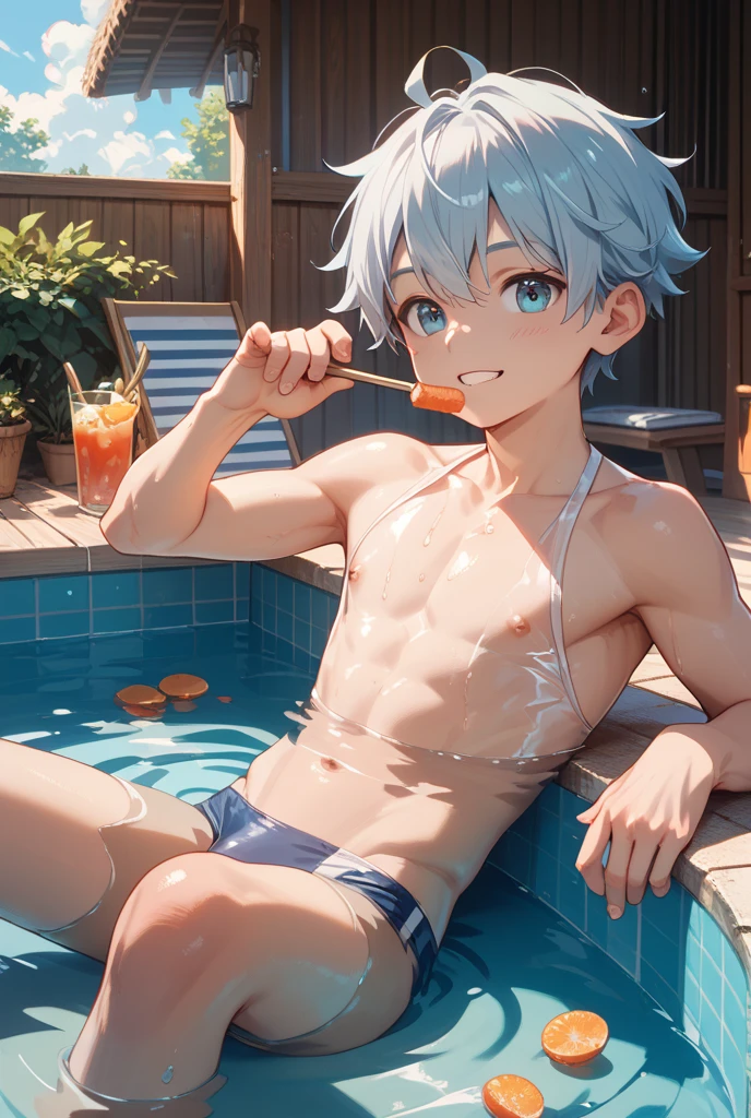 A little boy with white hair touching his head shyly, naked upper body, wearing triangle male panties, pool in the background, thin, no muscles, standing, emaciated, weak body, weak body, full body photo, calves, toes, almost naked, male panties,