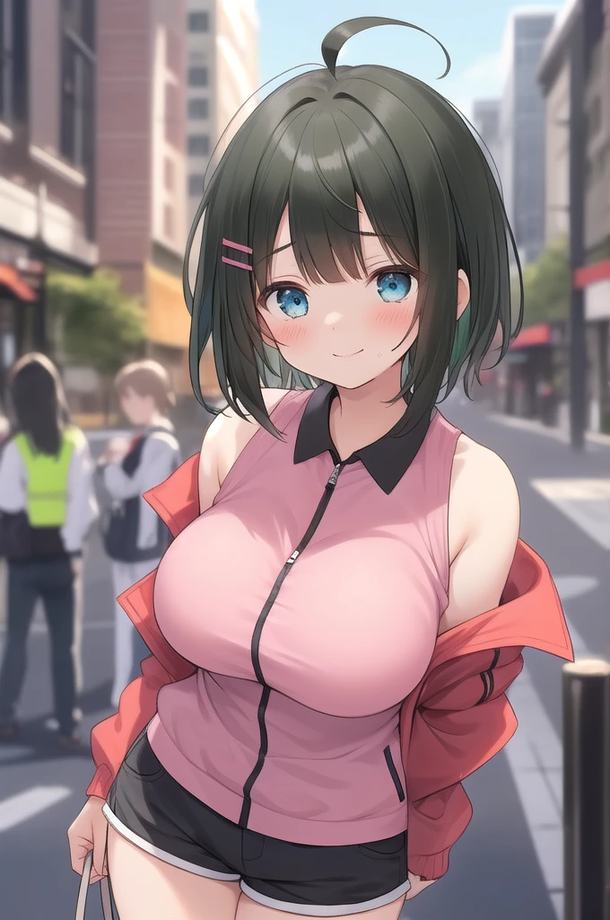 (best image quality, 4k, high quality, masterpiece::1.2), ((masterpiece)), high detail, high quality, best image quality, ((high quality, NSFW)), cute,  , low length, big breasts, Bokeh, Every time , portrait, (cute illustration:1.2), 高解像Every time, Super detailed, 最high quality, bare shoulders, Anime girl posing for photo, seductive anime girl,anime moe art style,Best Anime 4K Kona-chan Wallpaper,Anime drawn by Mr. Shimoo,18,(black knee high socks:1.3), (black short hair, Soft perm:1.3),Plastic Frame Eyewear,smile,black hoodie,shorts,Lifting the Parker,nude,No bra,fluffy chest,(at the park),(In a crowd of men:1.5)