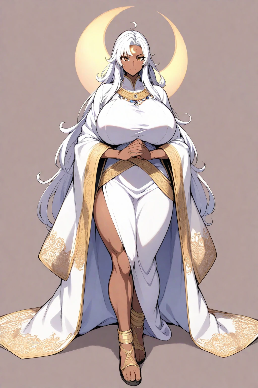 Elf woman milf body, massive breasts,massive ass,wide hips,full body view, long legs,white skin, long blonde hair, tall,white wings, tail,horns,cat ears ,wears white tight robe, smile,bedroom,dark skin colour,four hands