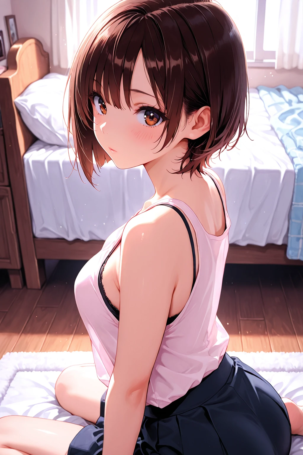 (masterpiece、top-quality、hight resolution、photos realistic、real looking skin:1.1)、Japan girls at 15 years old、short stature、full bodyesbian、(very small breasts:1.5)、Beautiful eyes、Shining eyes、embarrassed from、short twintails、no bra、Chest Pochi、(Sheer white tank top:1.5)、is standing、(arms behind back:1.5)、(Bedroom at night:1.5)、(linen child panties:1.5)、nsfw
