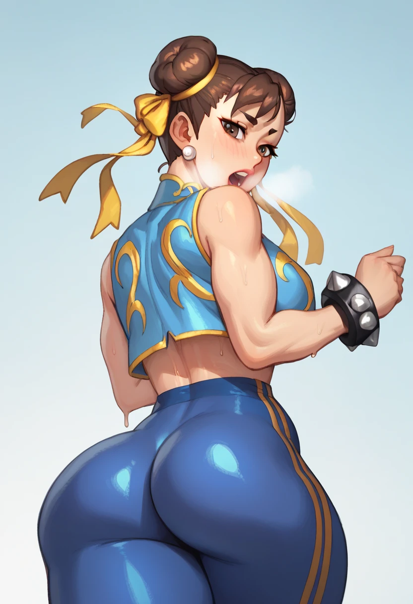 CHUN-LI, brown eyes, double bun, yellow ribbon, blue bodysuit, crop top, sleeveless, wide ass, from behind, gigantic breasts, underboobs, sideboobs, perky puffy nipples