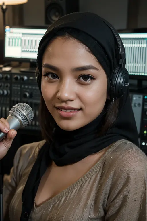 Close up),RAW, Best quality, high resolution, masterpiece: 1.3), Beautiful Malay woman in hijab,Karya, fit body, big breast,sthick thighs,big beautiful eyes, Soft smile, beautiful face,muslim woman  Wearing silver DJ headphones, Smile while DJing on stage, full body shot of, The spotlight shines on the female DJ. Photorealistic photography by Disco Lighting, (cute round face:1.3), perfect fingers, five fingers, beautiful hands, perfect hands. master peace, cute smile, full body picture, wearing white leggings, casual pose, with sunset, with mountains in the background, casual clothing style, with beautiful exotic, wearing casual clothes, wearing elegant casual clothes, wearing casual clothing.