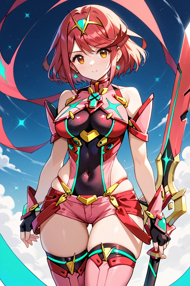 pyra \(xenoblade\), teen_1girl, loli, bangs, black gloves, breasts, red eyes, shout, earrings, eyelashes, fingerless gloves, floating hair, , gem, gloves, hair ornament, headpiece, jewelry, gigantic_breasts, leaning back, swimsuit, neon trim, official art, pose, red hair, saitou masatsugu, short hair, sidelocks, skin tight, solo, swept bangs, thighhighs, tiara, fantasy_town_background, underbust, xenoblade chronicles \(series\), (xenoblade chronicles 2), (spread_legs:1.1), fire_effect,dynamic_pose,fighting,light_smile, (plump:1.1), big_ass,huge_sword, hold_large_sword_hilt, covered_nipples, covered_pussy, fists,ponytail,beautiful_fingers,(solo:1.1), bare_shoulder,(shoulder_naked:1.2), nipple_jewel,back, back_view, focus_ass,ass, (very_short＿shorts:1.3),(lise_leg:1.4)