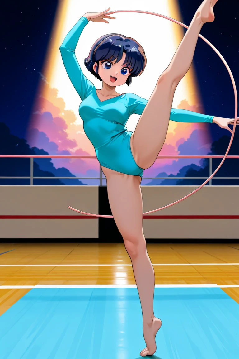 Realistic,15 year old girl.wearing a leotard,gymnast,gymnastics arena,笑face,face,skin realism