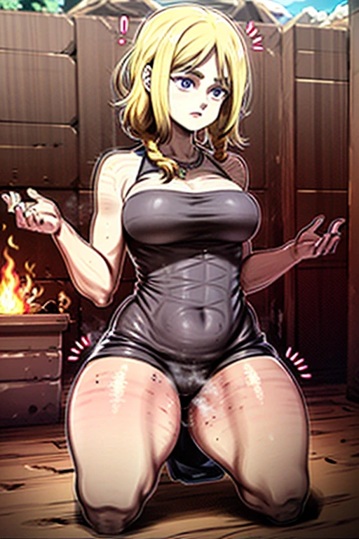 Masterpiece, high quality, best quality, beautiful, HD, perfect lighting, 4k, ((1 girl, 18 age)), ((chained_up)), (suspended in air), (legs open),(body detailed), take shot back,(short blonde messy hair, Gigantic breasts, huge hips, big ass, red pupils),(stockings black),(nude), restroom, small curvy, open pussy, (sweat body: 1.7), (squirting), [legs detailed], (slim abs),1boy ,(sucking a man standing another man penetrating anus)
