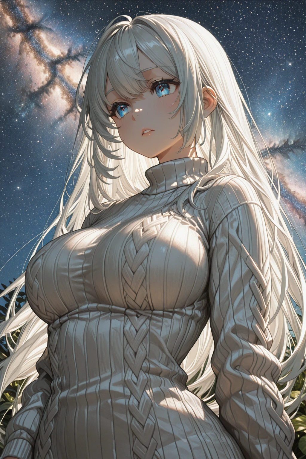 masterpiece,best quality,1girl,arctic,cave,brooch,blue black shirt,long white hair,looking at viewer,smile,