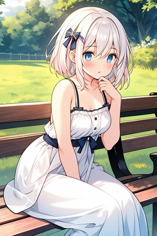 girl in a dress with pussy full of sperm sitting on a bench in the park