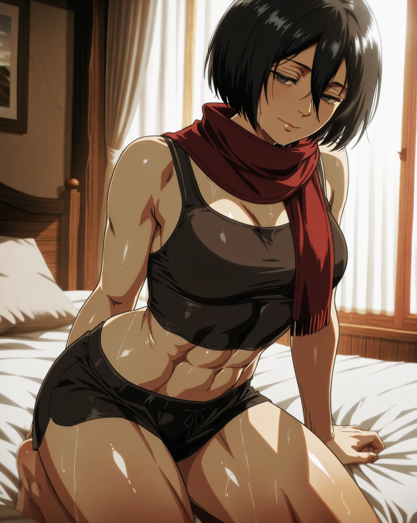 Master Parts, Best Quality, Haute, hmmikasa, Short hair, Black eyes, ((red bra and panties, Underwear)), Scarf, red scarf, attack on titan, nude skin, bedroom, big boobs, thick thighs, abs, slight muscles, blush