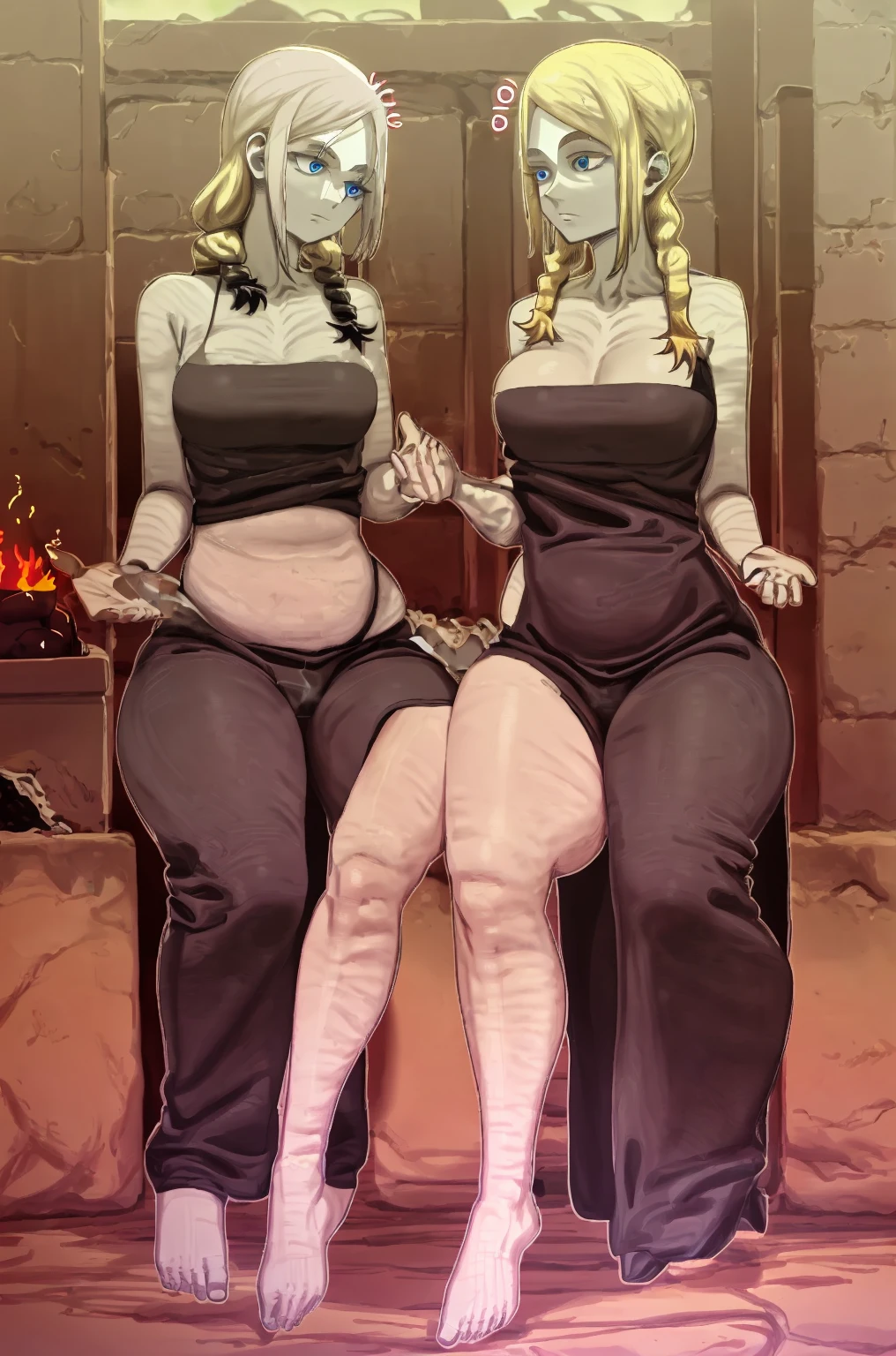 ((Intricate details)), (Masterpiece 1.3), (best quality 1:3) cinematic shot, HDR, ((Intricate details, hyper-detailed)), (masterpiece:1.3, high resolution) a black busty girl, curvy, body frame and weight, voluptuous body build, wide hips, thick hips, thicc, brown eyes, blonde hair (waist-length, curled), tight dress, gold dress, high heels (black), 2 black and red oni horns, facial features (round face, warm smile, full lips, plump lips)