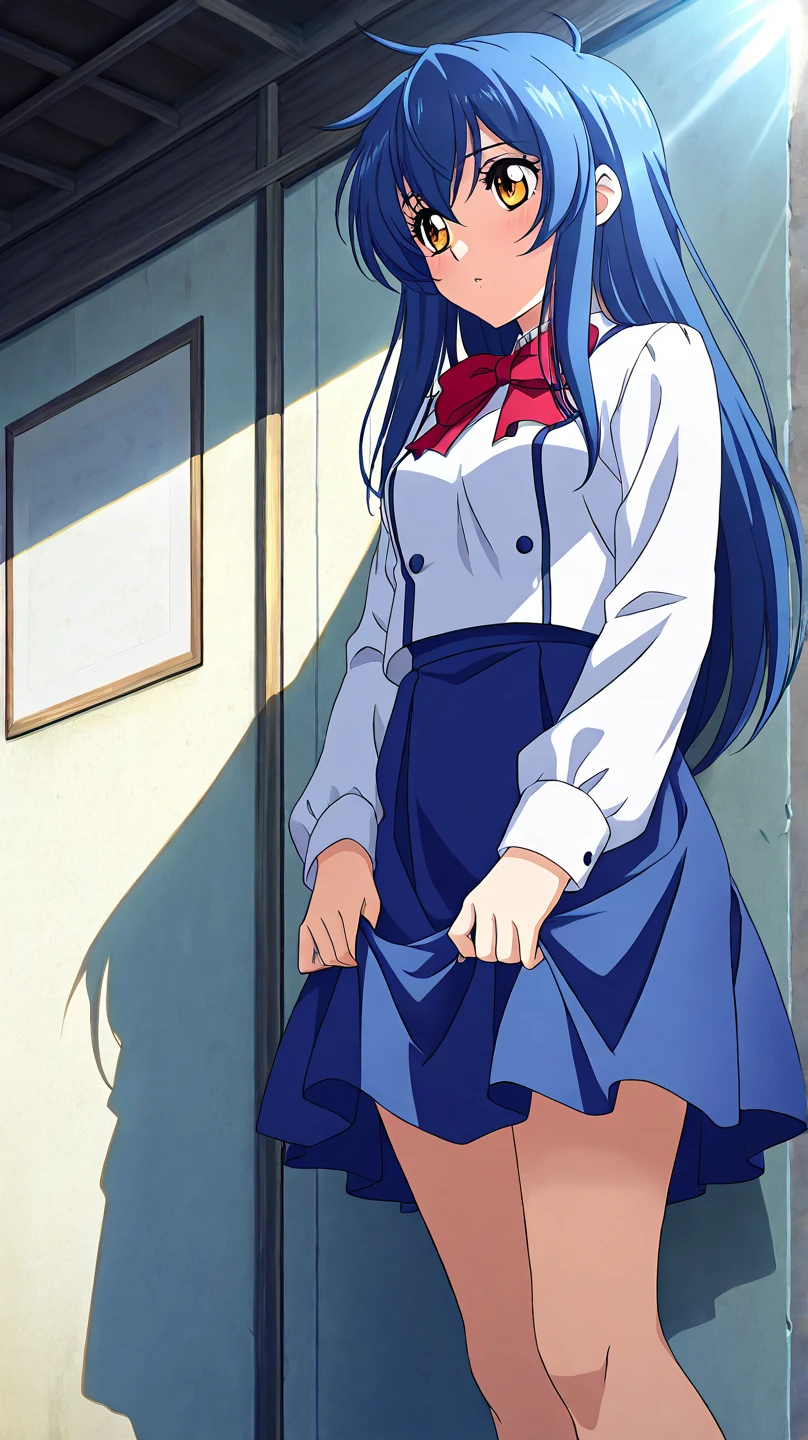 cel-shaded, 1990s anime, detailed, high quality, atmospheric, masterpiece, best quality, very aesthetic, absurdres, anime screencap, miku. 1girl, solo, red eyes, detailed eyes, blue hair, twintails, long twintails, hair ribbons, miniskirt, plaid miniskirt, (school uniform:1.5), indoors, curvy body, big breasts, blush, surprised, cowboy shot, wariza, from below
