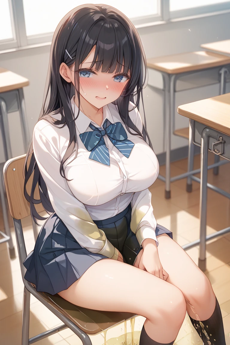 Hoshino Ichika,Project Sekai,project sekai,One girl,feel ashamed,high school girl,Blue-black hair,black eye,beautiful girl,long hair,School,White shirt,Blue tie,skirt,Sitting in a chair,Watching the audience,nsfw,Showing off your bra,