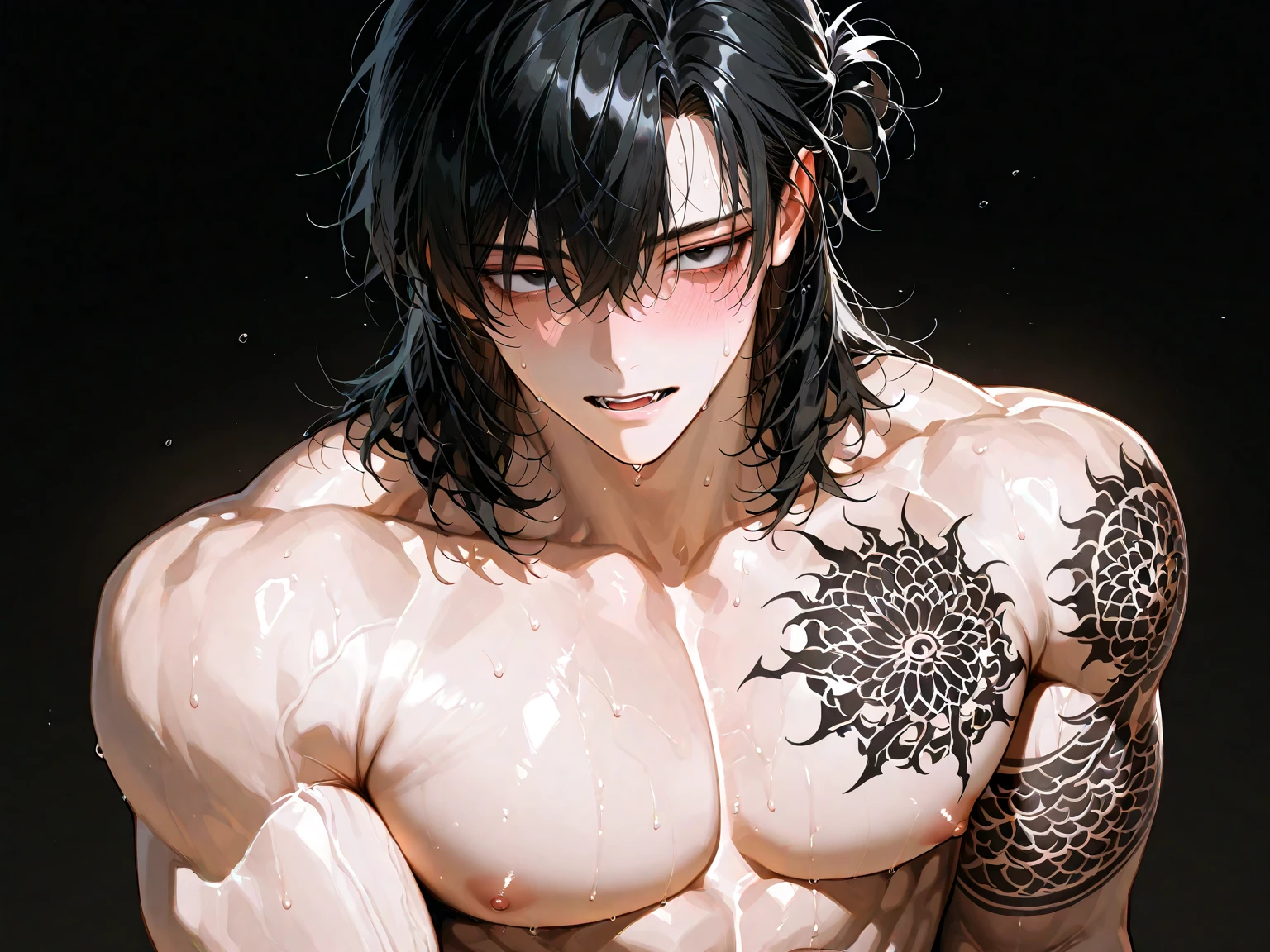 UHD, textured skin, high detail, perfect anatomically correct, SOLO, 1 male, tattooed body, black and red long hair, red eyes, muscular body, attractive,