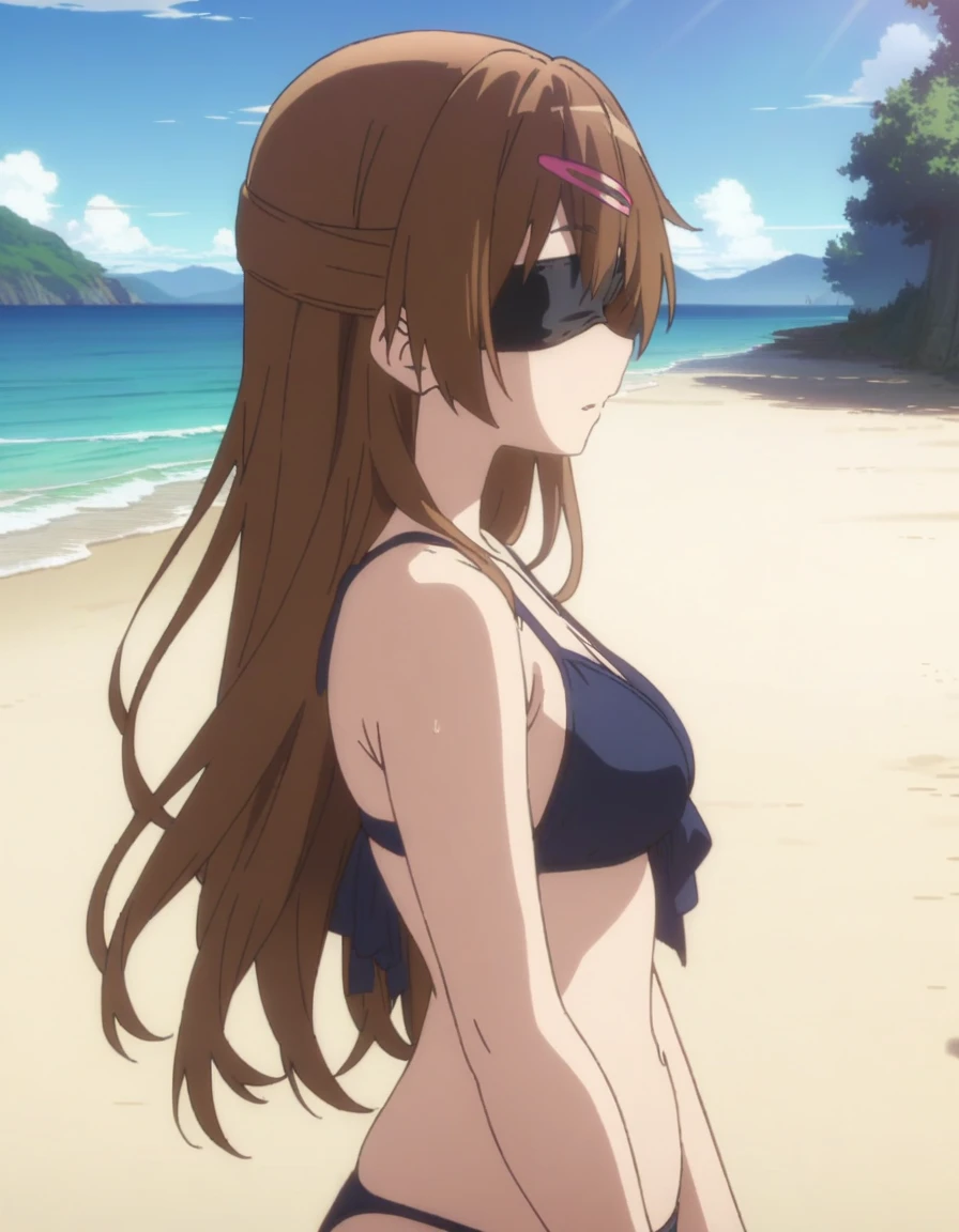 1 girl, solo, Wiz, masterpiece, best quality, anime coloring, hair over one eye, purple bikini, purple bra, purple thong, sea, beach, sunny, good lighting, clouds, sitting on the sand, legs open, frown puckered, arms crossed, blue sky, autumn, large breasts, medium waist, wide hips, medium thighs, round butt, facing viewer, from behind, point of view (from below), perfect hands, perfect anatomy