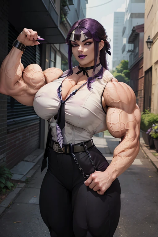 ((((Massive tall, beautiful, buff, pale white skinned muscular woman with violet purple hair, tattooed body adorned with intricate designs, ginormous bulky muscles, and wearing a beautiful silk black halter top with black pants)))), ((close view)), massive muscle, massive biceps, hyper muscle shoulders, ((massive muscle arms)) vascular shoulders, hyper muscle triceps, (long hair with long bangs), black eyes, ((tattooed body adorned with intricate designs)), choker, (pants), high heel boots, (in a crowded Tokyo street), confident smile, night, hyper vascular arm, hyper muscles arms, hyper muscle legs, (massive arms).
