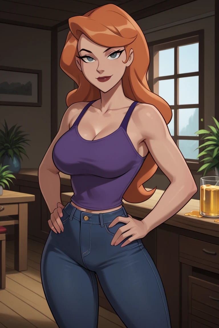 perfect face, perfect hands. A red haired woman with red eyes with an hourglass figure in a cute tank top and shorts is playing with a sparkler on the dock with a big smile.
