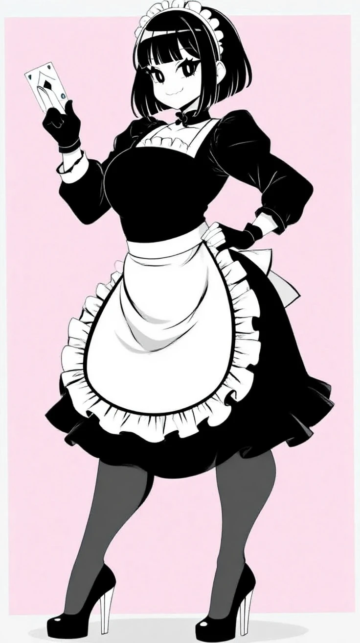 score_9, score_8_up, score_7_up, score_6_up, score_5_up, score_4_up, johnwillie, lineart, 1girl, greyscale, monochrome, maid headdress, hands up, cleavage, parted lips, choker, gloves, medium breasts, dress, standing, full body, legs together, short hair, long sleeves, maid apron, blonde hair, white background