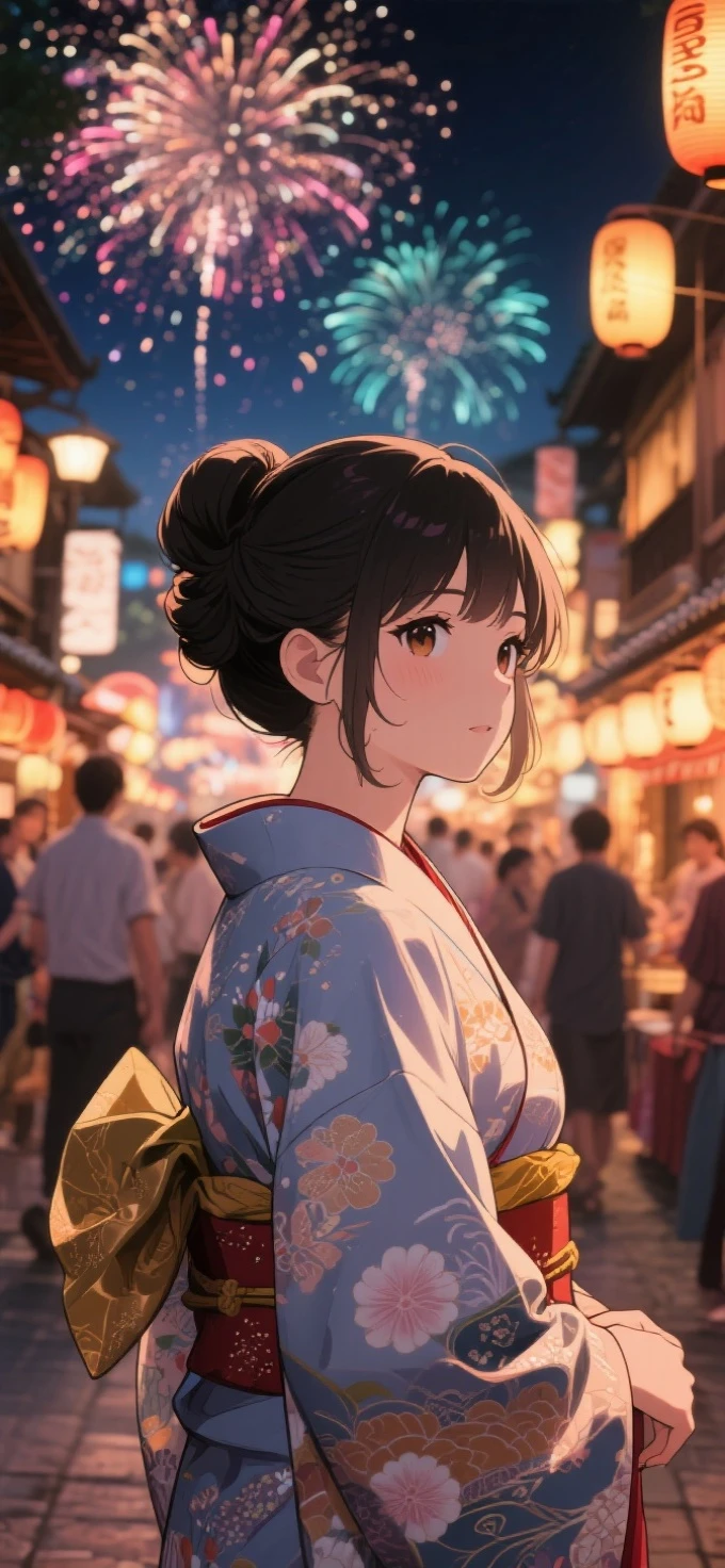 two-dimensional Japanese animated comic style，a beauty girl，wearing kimonos，Coiled hair，natta，bustling Japanese town streets，fire works，Close-up face close-up