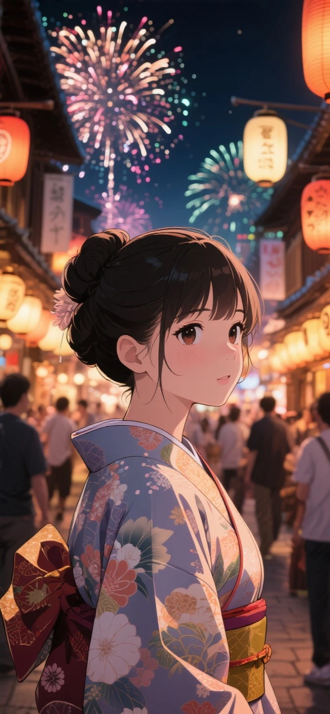 two-dimensional Japanese animated comic style，a beauty girl，wearing kimonos，Coiled hair，natta，bustling Japanese town streets，fire works，Close-up face close-up