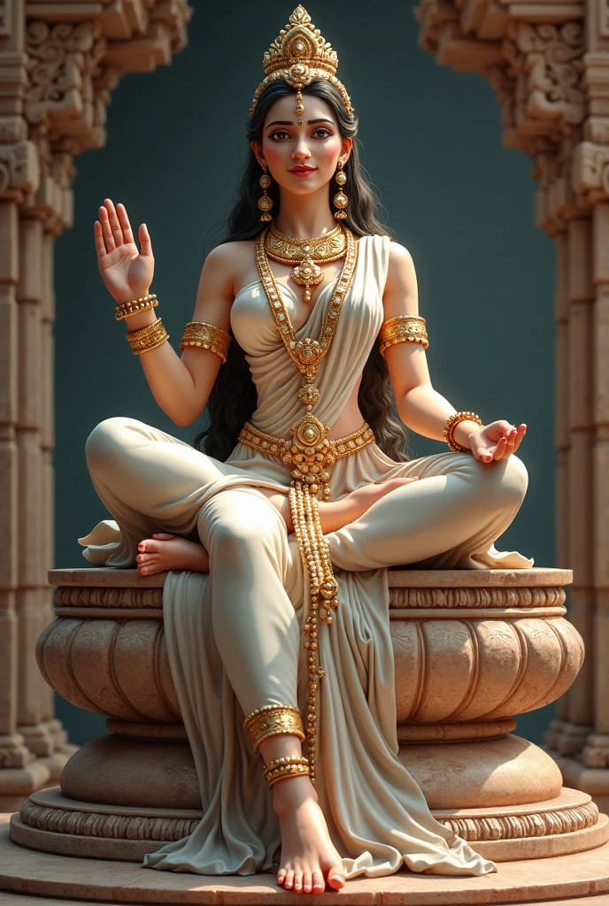 There is a beautiful goddess sitting on a large lotus flower in the void,Perfect body posture,Long curved eyebrows,Beautiful eyes sparkle,The large, Jewel-like eyes sparkle,Clear pupils have reflected light,二重まぶた,((Plump and rosy lips))Nipples clearly visible,((Flushed cheeks)),The mandible is plump,Fair skin is delicate and smooth,Delicate skin translucent,A delicate and dexterous crown,inlaid gemstones,Exquisite and ingenious,inlaid gemstones,Sitting on a light red lotus in the air,look straight at the camera,((Pinch the stem of the lotus flower with one hand)),Place the other hand(((Open palms))),(nice hand),(Good feet),(good legs),realisticlying,white skinned,((Correct body structure)),White clothing,decorated in white,baiyun,Blue sky,Head background with round light,Behind him is a colorful rainbow circle,Color glow is turned on,Front lighting,Positive light,No shadows on the face,There are no shadows on the body,Blue sky,Unreal space,ethereal world,dreamworld,with blue sky and white clouds,tmasterpiece,4K,ultra-definition,professional photoshooting,Perspective looks up,Standard lens shooting,