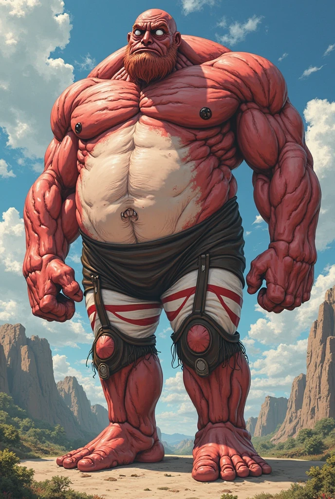 Scarlet Lizard Beastman Male。
Big muscles。Big Belly。thick limbs。
Loincloth。bulge。Upper body naked。
grassland。sweating。Realistic。