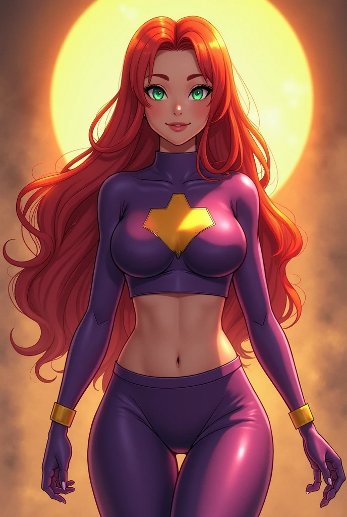 masterpiece, Sexy, Superheroine, Red hair, long hair, busty, ((blue highleg leotard with a t-back thong and a gold star insignia on chest)), gold boots, gold gloves, ((Cleavage Cutout)), back pose