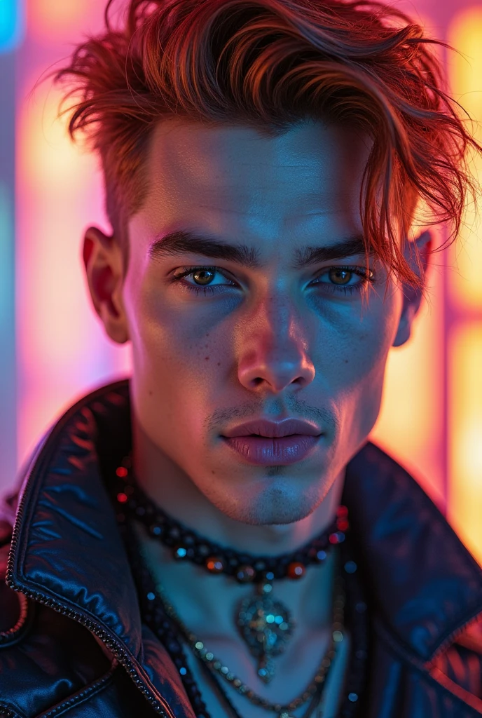 absurd, high resolution, ultra detailed, HDR, masterpiece, best quality, extremely detailed, detailed eyes, Quincy, red hair with yellow side streaks, messy ponytail hair, hair between the eyes, expressive blue eyes, Naked Carnival, solo, sexy man, manly man, horny, lustful, handsome, fantasy, undressing, black haori, transparent kimono, black choker, feathers, accessories, black gloves, fingerless gloves, elbow gloves, black bow headband, cock full of old perverts, ear microphone, purple light spotlights, mouth piercing, shining spotlights, fantasy manhwa, cock show,