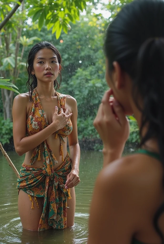 Deep in the heart of Thailand's lush rainforests, an indigenous tribe thrives in harmony with the abundant nature that surrounds them. The village is a tapestry of wooden stilt houses intricately carved with symbols of fertility and protection, adorned with vibrant textiles dyed using natural pigments extracted from indigenous plants. At the center of the village, a communal gathering space is aglow with flickering torches and the warm light of bamboo lanterns.
The tribe members, dressed in traditional Thai attire that reflects their cultural heritage, wear intricately embroidered sarongs and elaborately adorned headdresses made from feathers and beads. Women weave intricate patterns into baskets using fibers harvested from local plants, while men craft ceremonial masks depicting spirits of the forest. Children play traditional games under the watchful eyes of elders, who share ancient tales passed down through generations.
Aromatic scents of lemongrass and kaffir lime permeate the air as the tribe prepares a feast of fragrant green curry simmered with freshly caught river fish, served alongside bowls of fragrant jasmine rice and tropical fruits harvested from nearby orchards. The rhythmic beat of traditional Thai music fills the night, inviting all to join in dance and celebration under the starlit sky.