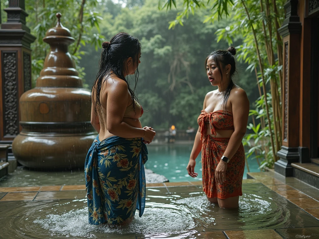 two very beautiful and sweaty 25 years old naked Indonesian girls, thick hairy armpits, muscular abs, raising their hands high and kissing in the sauna
