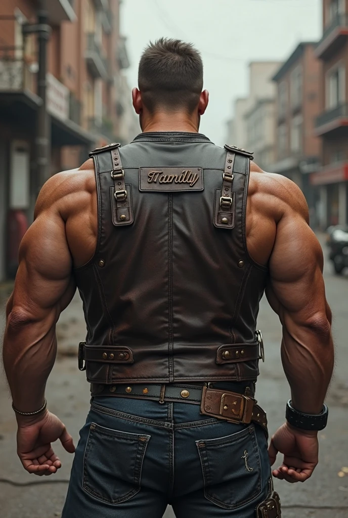 (masterpiece, intricately detailed, highest resolution, best quality:1.2), (doujin), a cocky old Aussie ,a 55 y.o muscle stud with a muscular physique,beard, dark-skinned male, signature mustache, wearing a ((chest gay harness, chav, armbands)), (excessive cum), (cum on body), (cum drip), flaccid penis,saggy balls,hairy chest,vascular,muscle striations,soft light,fantastic realism, standing up, ((colth)), ((pov: from behind, from the back)), photoshoot