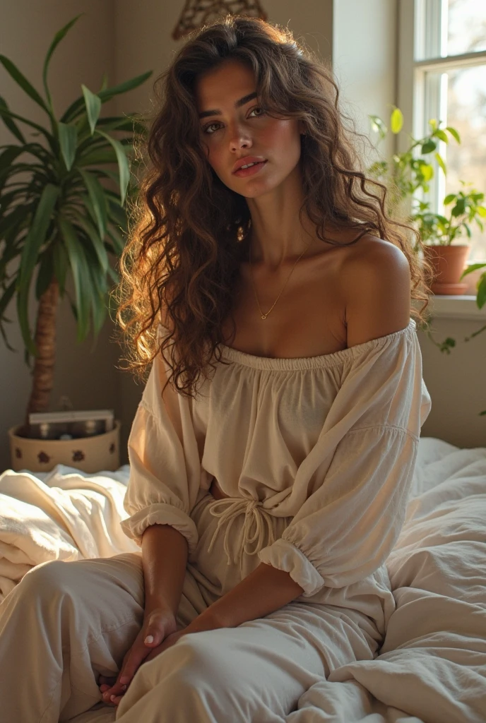 (photorealism:1.2), beautiful woman, sitting on bed, wearing loose off-shoulder top, pajama pants, long curly hair, indoors, soft lighting, plants in background, window with sunlight, cozy room, relaxed pose, realistic, intricate details, warm colors, by Greg Rutkowski, by Alphonse Mucha