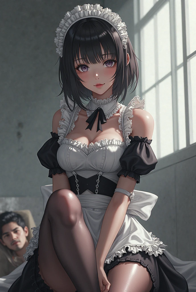 the whole body is wet、shapely breasts、1girl in, kitchin, kneeking, 8k、 masterpiece, top-quality, ighly detailed、Maid clothes with less fabric area、Brown hair、Freckles on the face、There is a white cloudy liquid all over the body、opening legs、doggy style、all-fours、Your butt is facing us、