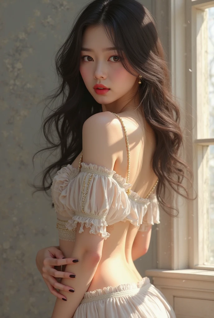 sexy girl in bathroom,Wet pubic hair,Charming eyes,Heartwarming action,from the rear,Turn your face away from the camera,stooped,Bend over,turn back,Look up at your head,transparent silk pajamas ,thick long hair,Highly detailed body,Highly detailed face,best qualtiy,(Pink bra),(Off-shoulder white open-front translucent blouse),