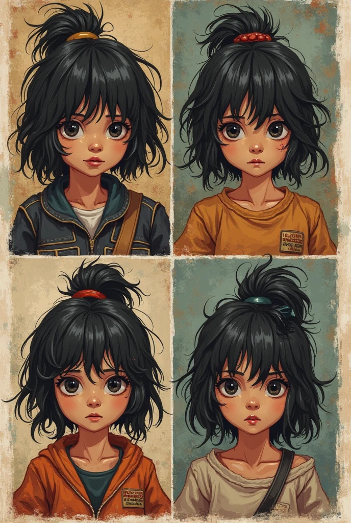 a small explorer children, with various poses and expressions, on a white background, illustration of a children's book, manga style, for 6 years old, a girl: a black woman with long black curly hair, without a book, without a backpack, without weapons, without knives, without military equipment