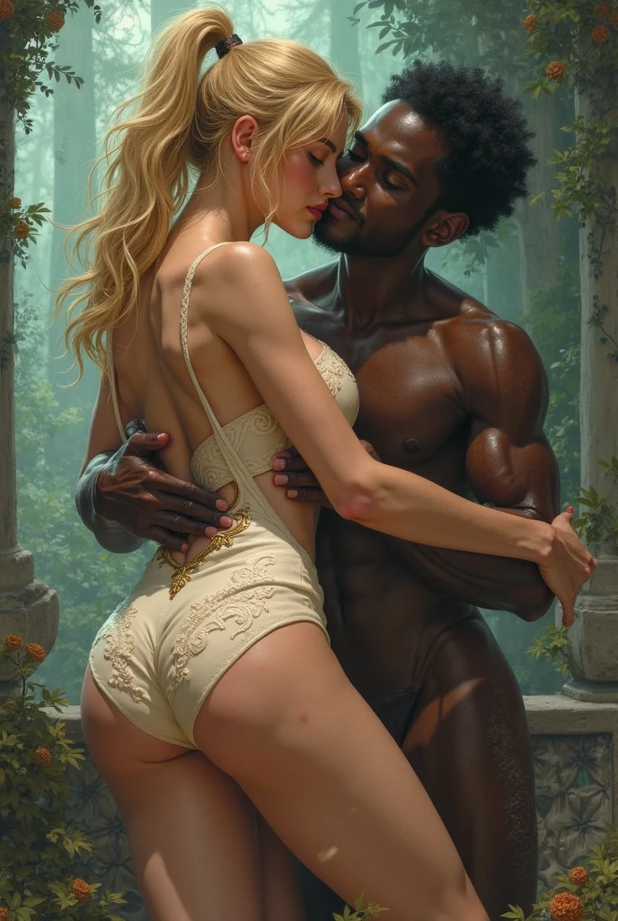 Woman and her boyfriend, ((Caucasian girl)), romance, huge breasts, (((netorare))), erotica, submission, ((African man hugging and kissing scandinavian woman)), Blonde with long hair, Viking woman, Africans dominate the Vikings, Skin contrast, Interracial couple, 1 man, 1 woman, Hourglass figure, wide hips, pubic hair, full lips, expressive eyes, ((Valkyrie, embarrassed, bare chest, cowboy shot, Balanced outdoor lighting, detailed eyes, (((Image Macro Details)))