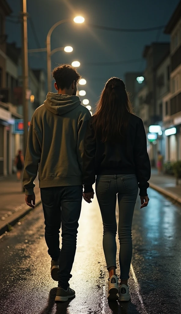 a couple walking on the street in a city at night, going to the horizon, many lights from the city