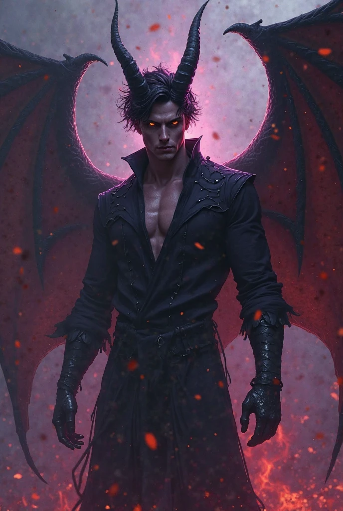 Create a high-quality image of a male incubus, an unholy and lascivious demon known for his dark beauty and seductive allure. He should have a strikingly handsome face with sharp, angular features, glowing, hypnotic eyes, and a devilish smile that exudes both danger and temptation. His skin is smooth and slightly pale with a subtle, ethereal glow, contrasting with his dark, bat-like wings that spread out behind him, casting ominous shadows. His attire should be detailed with subtle infernal motifs, such as dark runes or engravings that enhance his demonic nature.