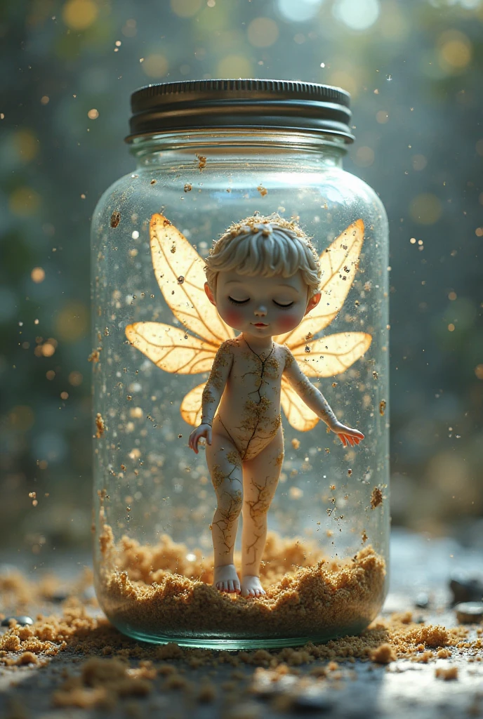a little fairy trapped in a glass jar, blonde hair, blue eyes, tiny fairy, fairy outfit with leaves, glass jar, detailed fairy face, highly detailed, 8k, photorealistic, studio lighting, concept art, vibrant colors, magical atmosphere, ethereal, mystical