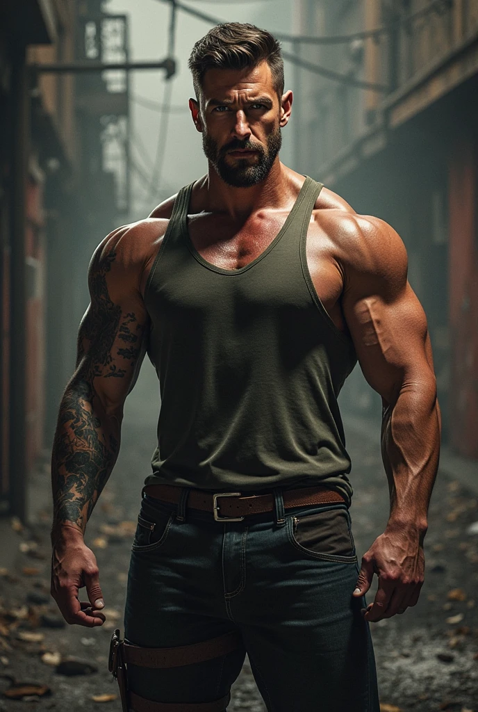 Meilleur éclairage, sources lumineuses brillantes venant de toutes les directions, beau, corps musculaire, cheveux argentés, gros morceau, grand, yeux sexy, définir les abdominaux, peau sombre, tenue marine, sucer mon pénis, Gorge profonde, tatouages noirs, écrire des mots tatouage sur la poitrine, (Tatouages à l&#39;épaule), Pas de barbe, la peau grasse, industriel, souterrain, penché, baskets noires, collier