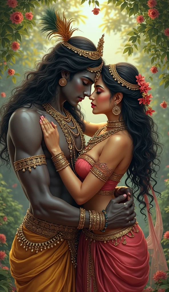 Highly detailed image Hindu god hanuman pegging his pelvis penis in ebony goddess hot cleavage durga with her tongue out and suck penis, with ten arms, holding asur heads in the hands, while  lord ram has sexually possession,with legs position her from behind, squeezing her breast. 