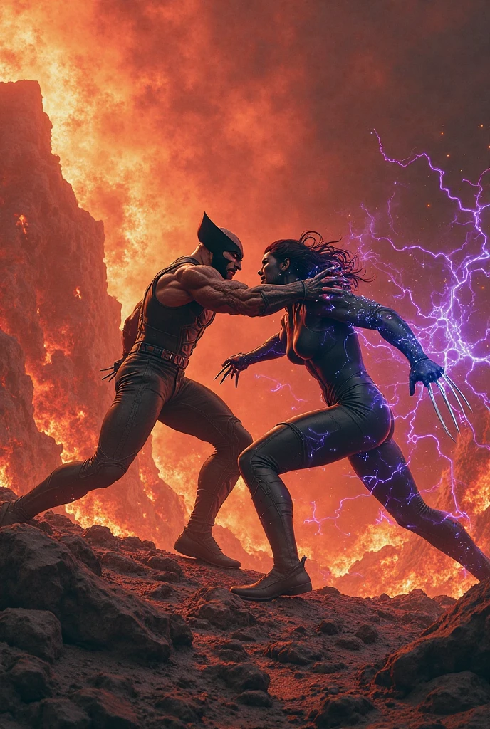 A muscular and wild black werewolf and a beautiful and perfect blonde police girl in uniform and armed in a night forest running boldly together